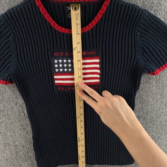 Polo Jeans Ralph Lauren Women Flag Sweater Rib Knit Large Short Sleeve Blue Red - Picture 6 of 13